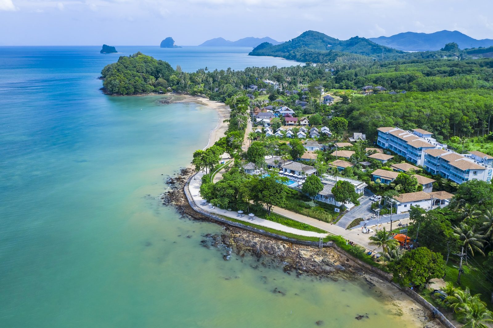 Aerial view of Cape Kudu Hotel on the Koh Yao Noi coastline, Phang Nga Bay