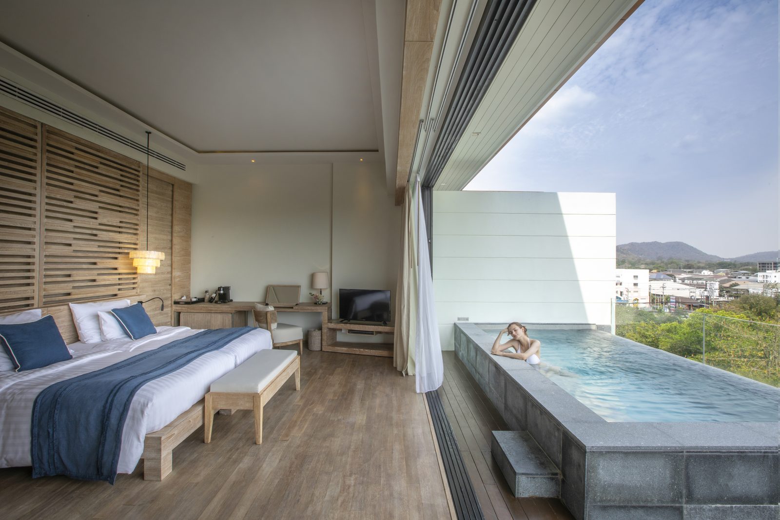 Sky Pool Suite bedroom with private pool on the balcony at Cape Nidhra Hotel, Hua Hin