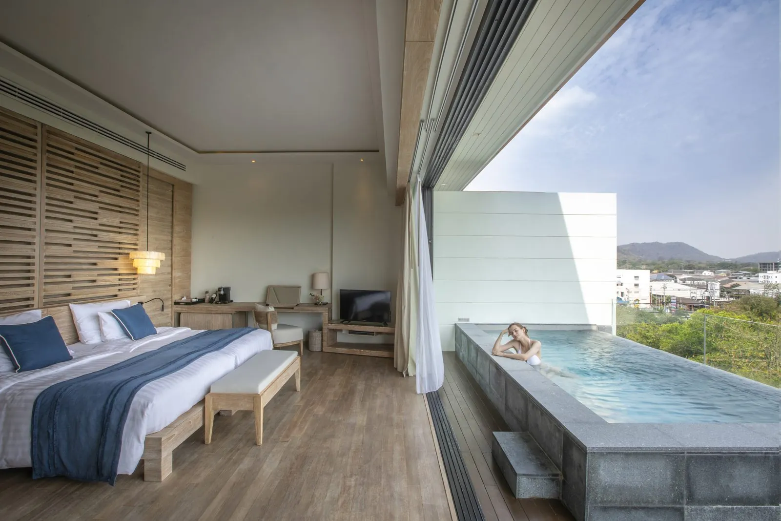 Sky Pool Suite bedroom with private pool on the balcony at Cape Nidhra Hotel, Hua Hin