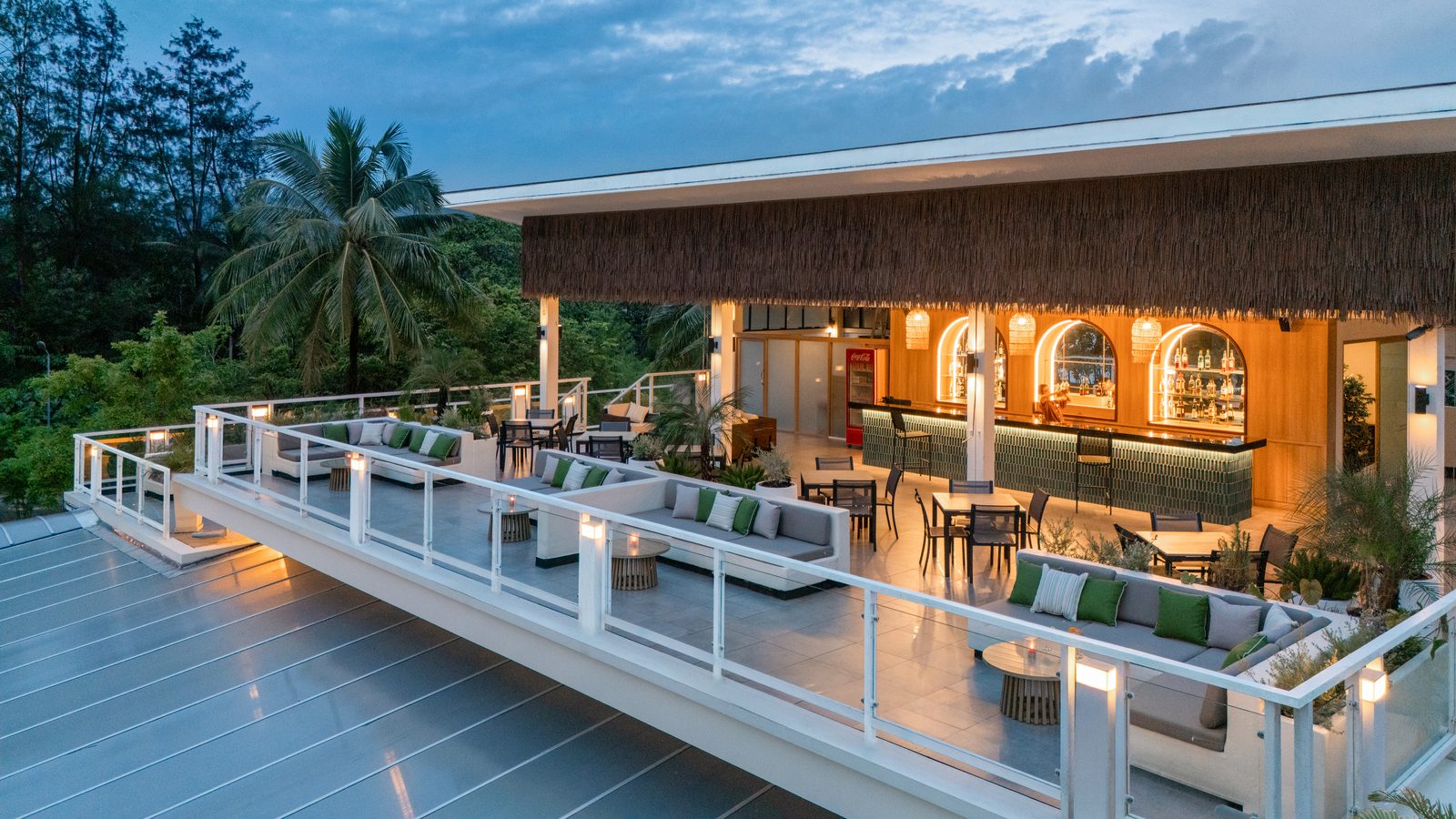 Otter's Bar rooftop terrace at dusk at Kantary Beach Hotel, Khao Lak