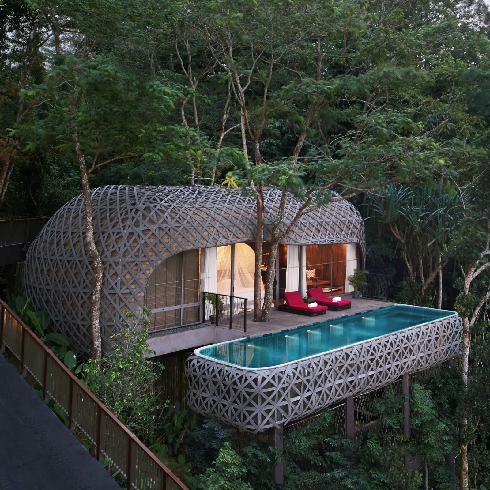 Woven exterior and private pool of a Bird's Nest Pool Villa at Keemala