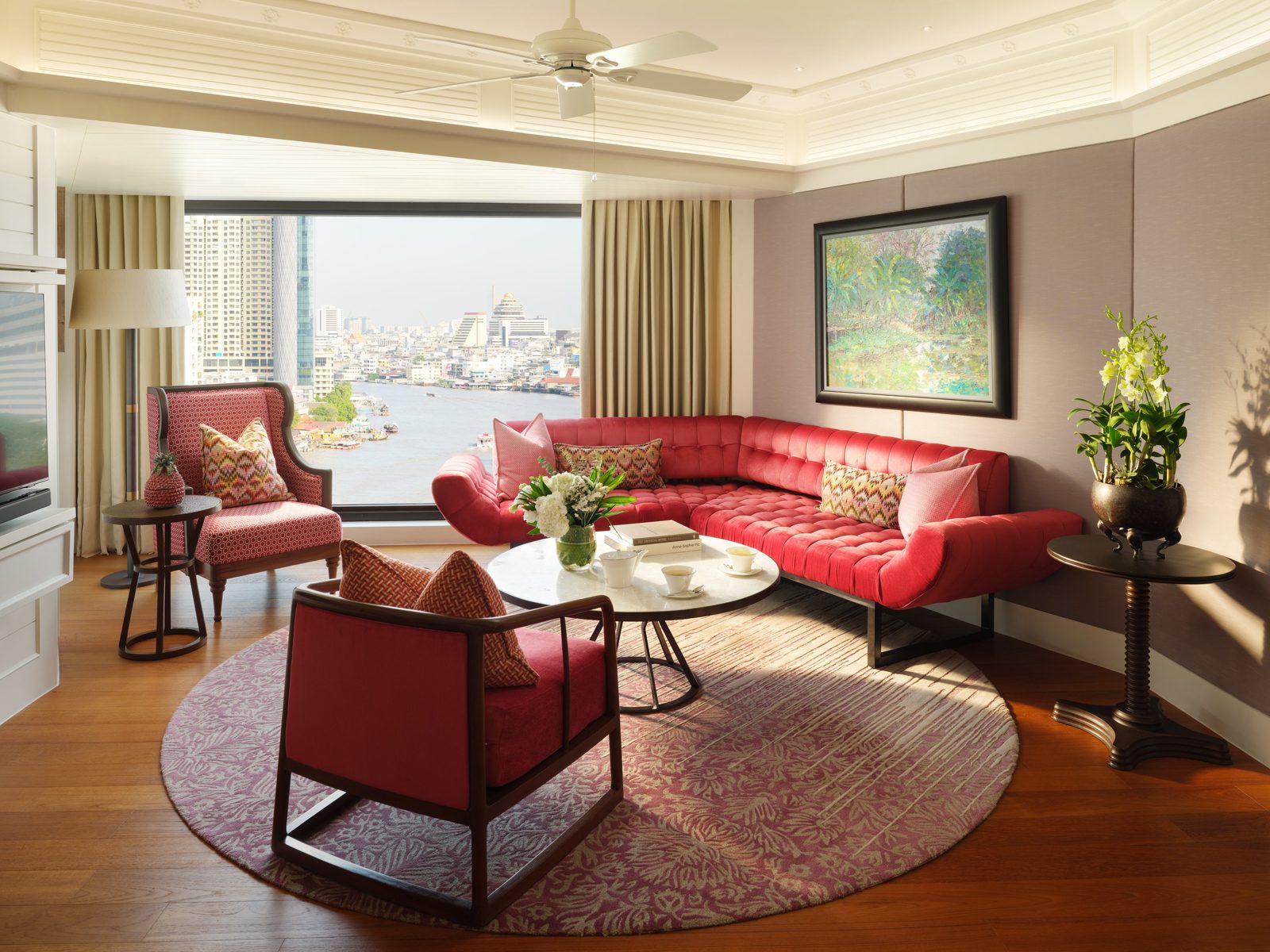 Premier One-Bedroom Suite living room with Chao Phraya River view at Mandarin Oriental, Bangkok