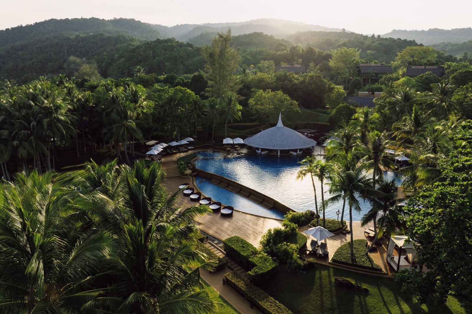 Aerial view of the main pool in the rainforest at Phulay Bay, a Ritz-Carlton Reserve, Krabi