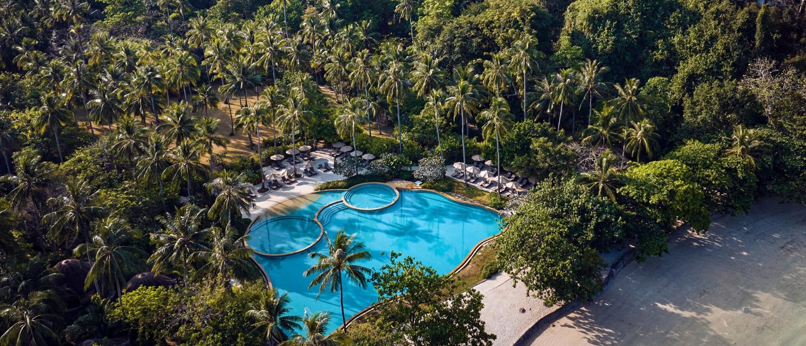 Aerial view of the free-form swimming pool among coconut palms at Rayavadee, Krabi