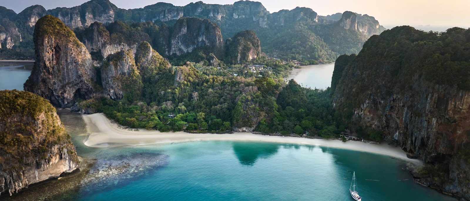 Aerial view of the Phranang Peninsula in Krabi, the limestone-cliff setting of Rayavadee