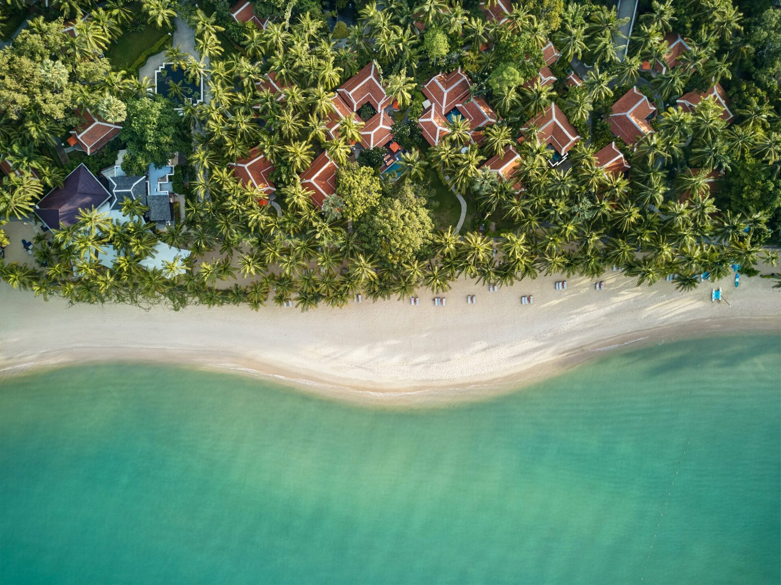 Aerial view of Santiburi Koh Samui, with villa roofs among palms above the sand of Mae Nam Beach
