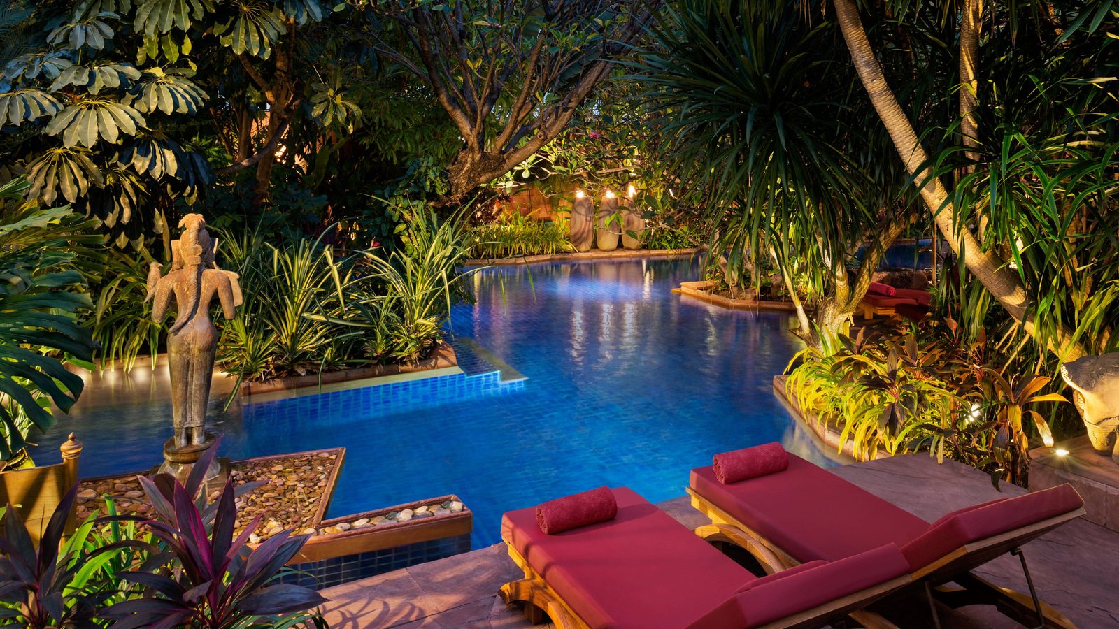 Garden swimming pool beside The Sala at night, Sheraton Grande Sukhumvit, Bangkok