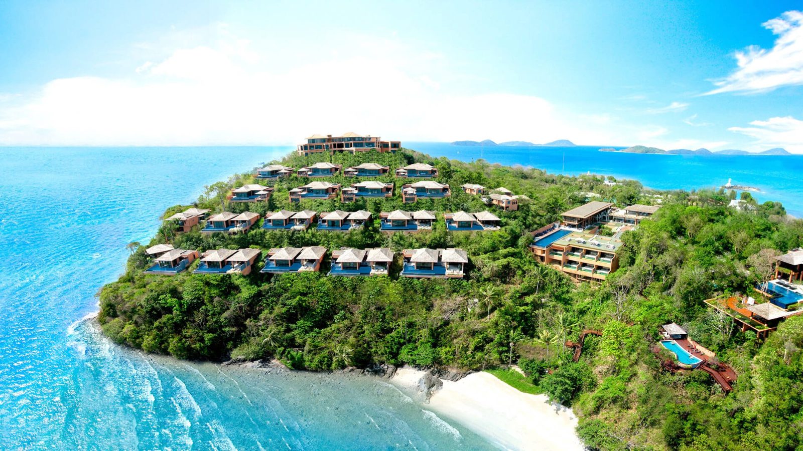 Aerial view of Sri Panwa's villas on the Cape Panwa headland above the Andaman Sea, Phuket