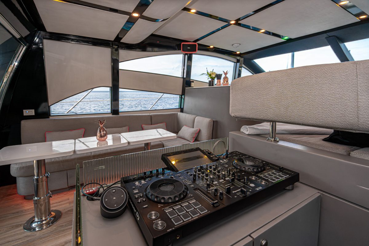 DJ booth and sound system aboard the HYPE Yacht