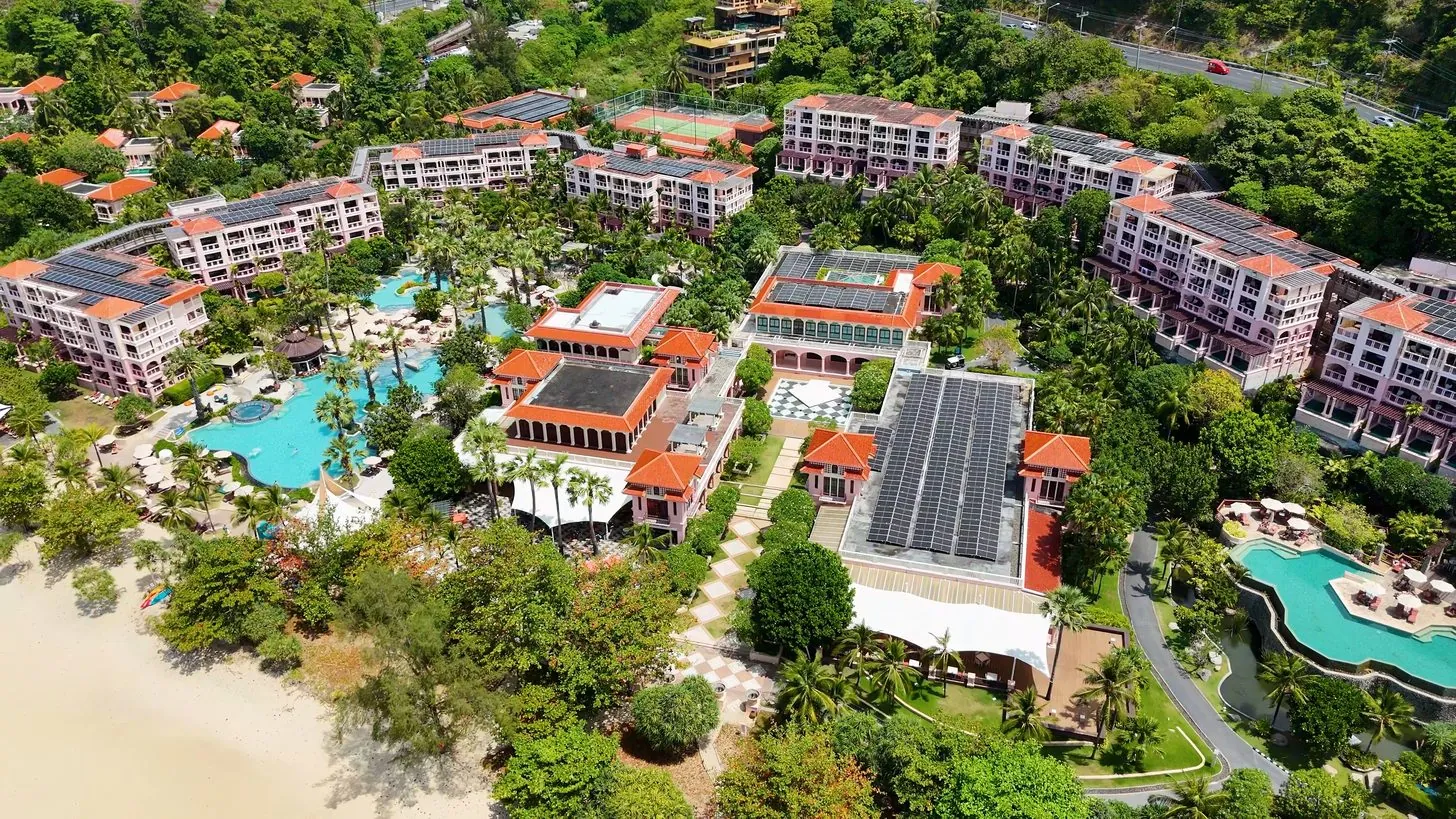 Aerial view of a luxury tropical resort with swimming pools in Phuket, Thailand