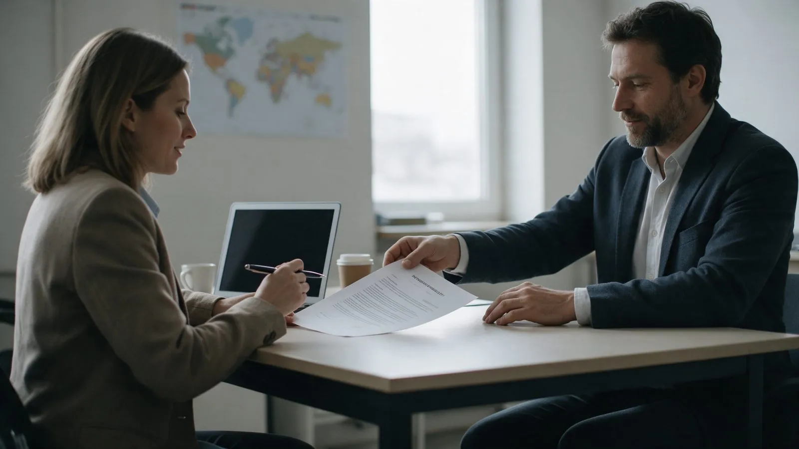 Two travel trade partners reviewing a Thailand DMC representation agreement at an office desk